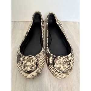Tory Burch Minnie Travel Ballet Flats Snakeskin Print Logo Buckle Women's 7.5 sz
